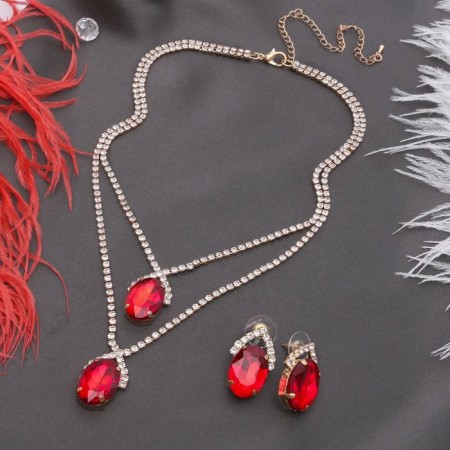 Set 2 objects: earrings, “jacqueline” necklace, oval, white-red color in gold, 45 cm-1