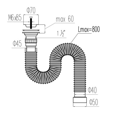 Corporal siphon Viant "mini" 1½, grille d = 70 mm, standard d = 40/50 mm L800 mm-1