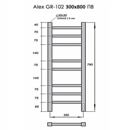 Electric towel Grois ALEX, 300x800 mm, 8 crossbars, lower, white-2
