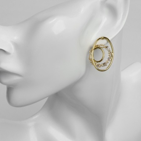 Earrings with rhinestones "Bloom" a triple circle, white in gold-2