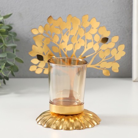 Climber Metal, glass for 1 candle "tree with leaves" d = 4.7 cm, gold 14.7x9.3x15 cm-1