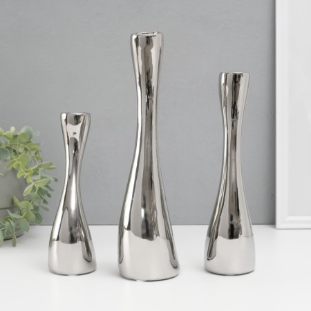 Ceramics candlestick for 1 candle "wave" d = 2.5 cm, silver, set 3 pcs h = 20, 25 and 30 cm-2