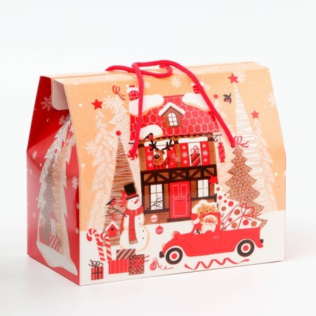 New Year. Gift box New Year's Case box with rope handles "Christmas trees" 20.5 x 12 x 17 cm.-1