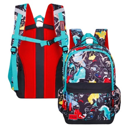 Youth backpack 43 x 29 x 18 cm, ergonomic back, Across 155, black/turquoise/multi-colored 155-2