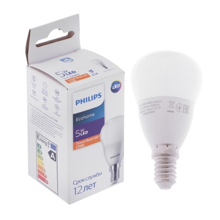 LED LED PHILIPS Ecohome Lustre 827, E14, 5 W, 2700 K, 500 lm, ball