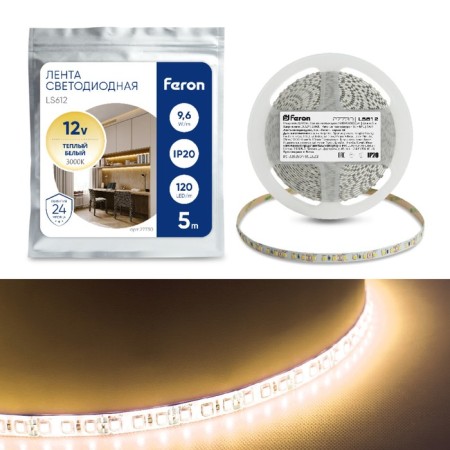 Feron 5 m, IP20, SMD2835, 120 LED/m, 9.6 W/m, 12 V, glow warm white white