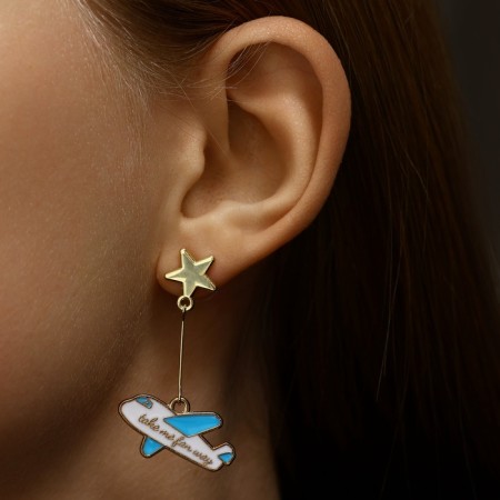 Emall earrings “Around the world” Aircraft and globe, colored in gold-4