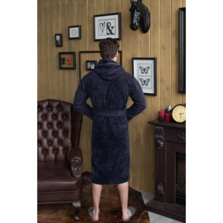 Male dressing gown with a hood, size 50, dark blue color, Makra-3