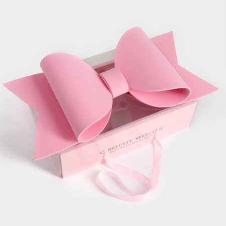 Gift box with a bow, handles and a transparent lid 35 x 21 x 15 cm pink-1