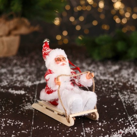 Santa Claus "In a suit with patterns and fur shoes, on a sleigh" 13 cm, red-white