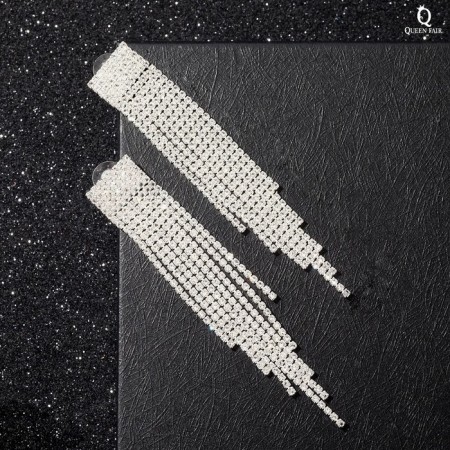 Hanging earrings with rhinestones "Waterfall" a large square, white color in silver, 10 cm-1