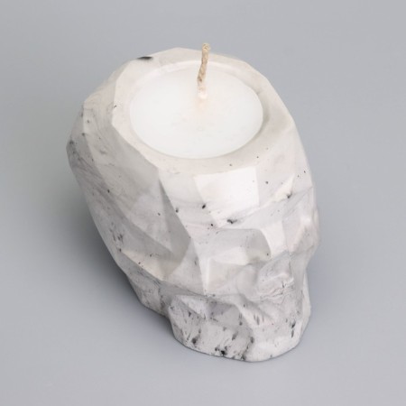Candle "Skull" in a candlestick of gypsum with faces, 6x9x6.5cm, marble with black stripes-3