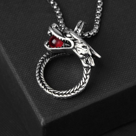 Unisex "Dragon" with bead, red color in black silver, 60 cm