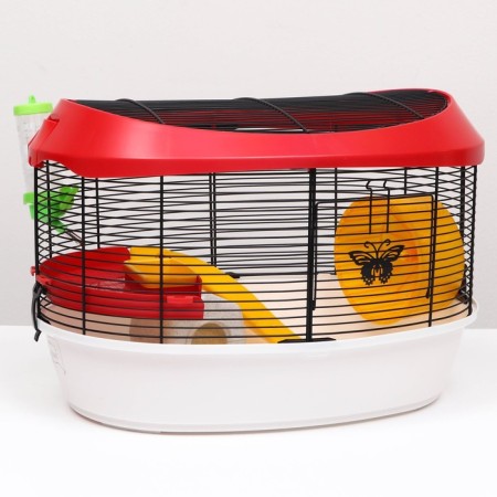 The cage for rodents is equipped, 48 x 35 x 34 cm, red