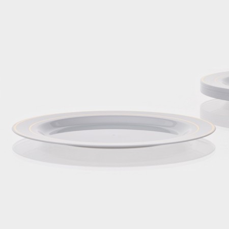 Plastic disposable plastic, 19 cm, round, flat, white color with a golden pocket-5