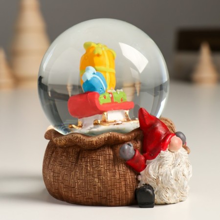 Souvenir Polystone Water Ball "Dwarf with a bag and a sleigh with gifts" 7x8x9 cm-2