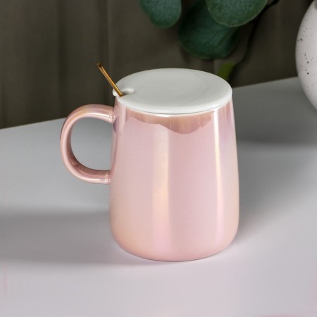 Ceramic mug with a spoon "Tree", 380 ml, pink color-4
