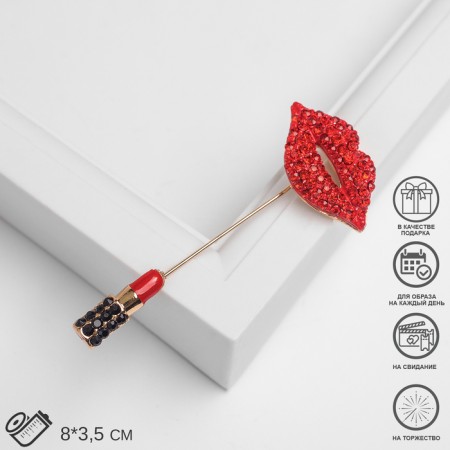Pin "lips with lipstick", 8 cm, red-black color in gold-2