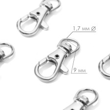 Metal carbine, 37 × 12 mm / 9 × 1.7 mm, 10 pcs, silver color