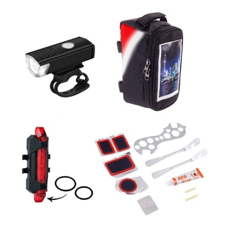 Set for bicycle 3 in 1: battery flashlight, repair set, bag