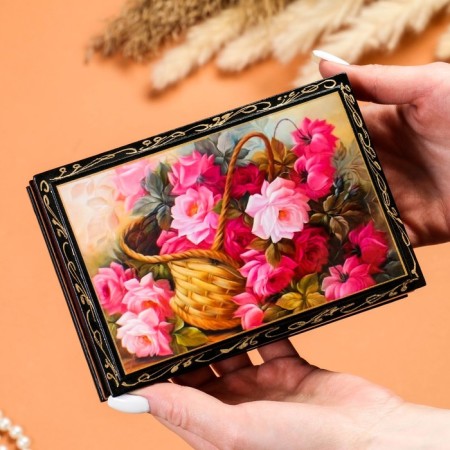 Casket "Pink flowers in a basket", 11 × 16 cm, lacquer miniature-2