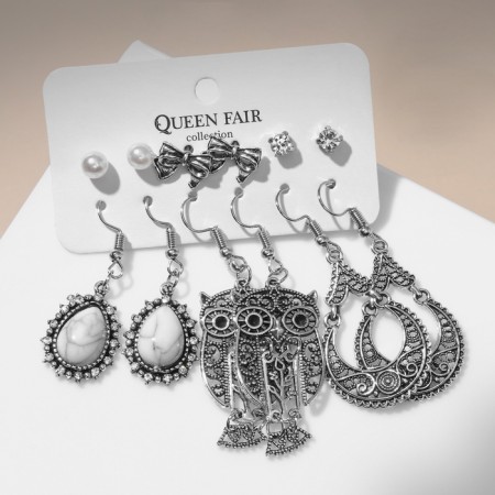 Earrings set 6 pairs "hippies" Eagle owl, white color in black silver-1