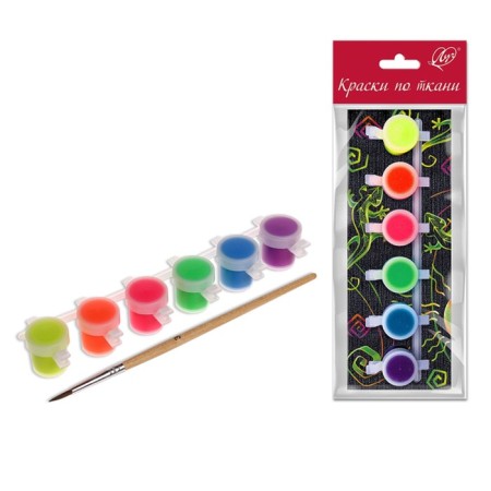 Fabric paint, set of 6 colors x 5 ml, beam, fluorescent, water -based acrylic, with a brush