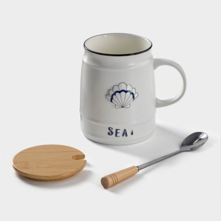 Ceramic mug with a wooden lid and spoon "Sea", 400 ml, Mix drawing-1