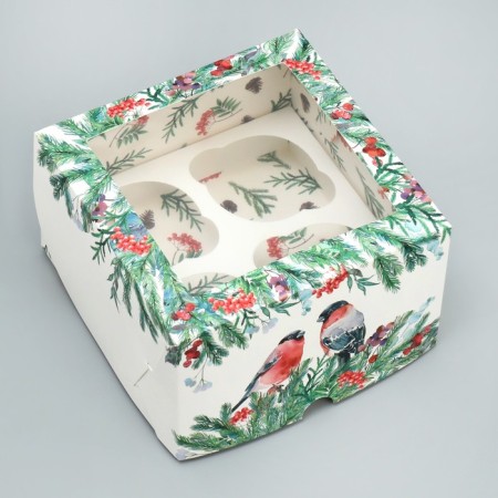 The box for cupcakes is folding with bilateral application "bullfinch", 16 x 16 x 10 cm, new year-1