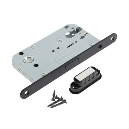 The latch is flattened magnetic, under the Lockland ZLK4BL cylinder, black color is black