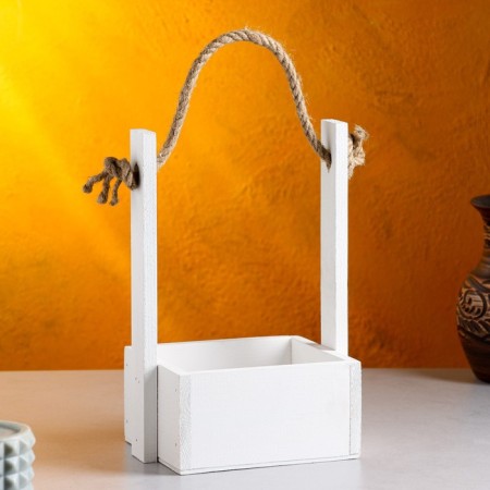 Kashpo wooden 15 × 12 × 25 cm "openwork", rectangular, handle rope, white give beautifully