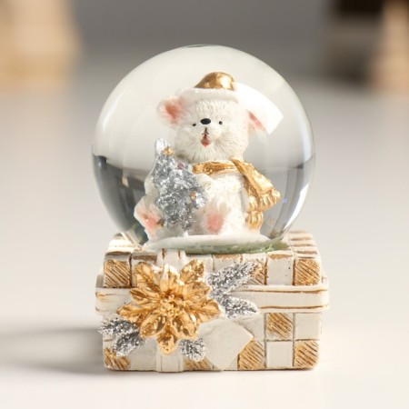 Souvenir Polystone Water Ball "White Misha with a Christmas tree in a gift" Gold/silver 4.5x4x6.5 cm