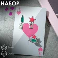 Set: earrings, anime ring star and drop, green-pink color in silver
