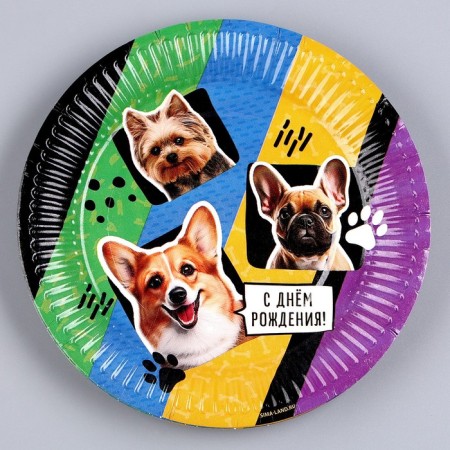 Disposable plate paper "Happy birthday", dogs, 18 cm-1