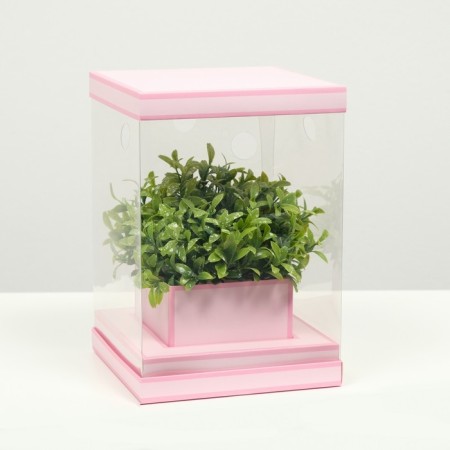 Box for flowers with a vase and PVC windows are folding, pink, 16 x 23 x 16 cm