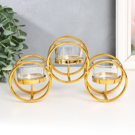 Climber metal, glass for 3 candles "double rings" d-4.5 cm gold 22.5x7.5x11 cm-1