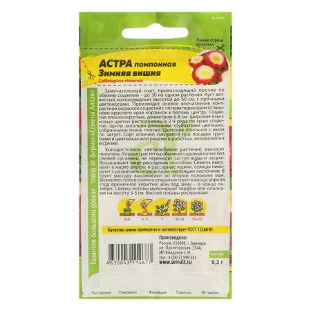 Seeds of flowers Astra "Winter Cherry", pomponal, sed. ALT, c/p, 0.2 g-1