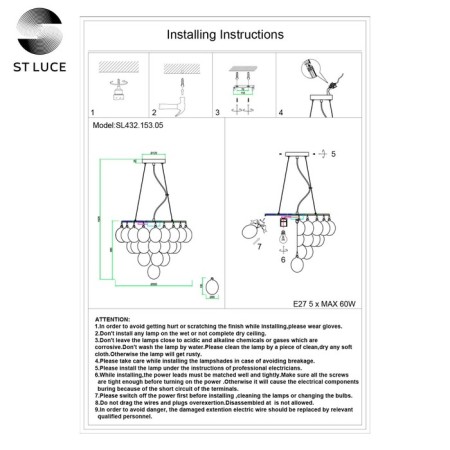 Suspension lamp ST LUCE. SL432.153.05. Sospiro. 5x60 watts, E27, 50x50 cm, chromium color-12