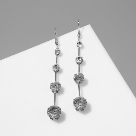 Hanging earrings with rhinestones "Drop" path, white color in silver, 6.2 cm-2