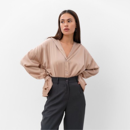 Women's silk blouse with strokes mist, size 46, beige-2