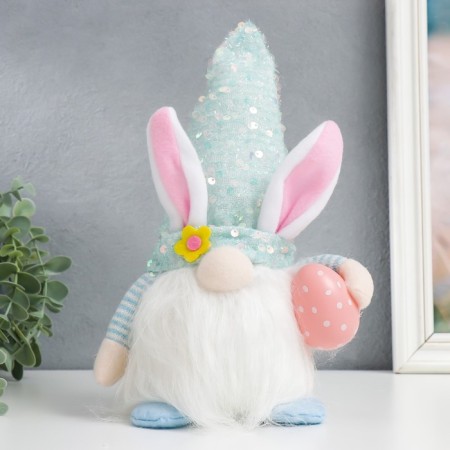 Interior light doll "Dwarf in a cap with bunny ears, sequins" Blue 30x8x8 cm-1