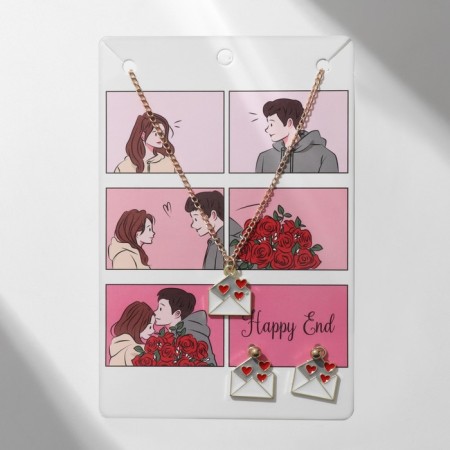 Headset 2 items: earrings, pendant "heart" message, red-white color in gold, 42 cm-2