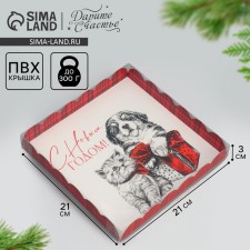 Box for confectionery products with PVC “Happy New Year!”, Cat and dog, 21 x 21 x 3 cm, New Year