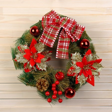 New Year's Wreath D-30 cm "Bright fairy tale" Flowers apples berry balls