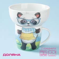 A set of children's utensils from ceramics of the Panda Dolyan, 2 items: 230 ml mug, 400 ml bowl, white color
