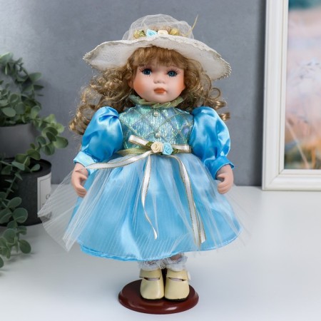 Doll Collectible Ceramics "Natasha in a pale blue dress in a hat" 30 cm