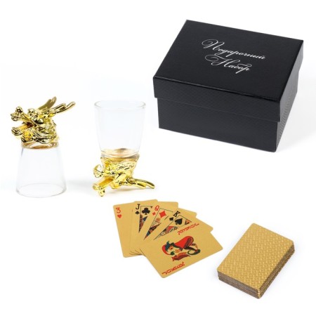 Gift set 3 in 1 Greener: 2 glasses of 30 ml, a deck of plastic cards, gold