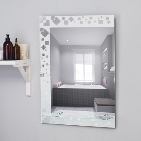 Mirror, wall -mounted, with sandblasting graphics, with a shelf, 70x52 cm