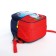 A backpack with a zipper, the color is blue/red
