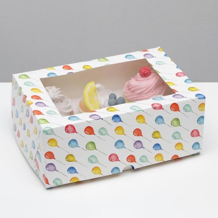 Box for 6 cupcakes with a window, "balls", 25 x 17 x 10 cm
